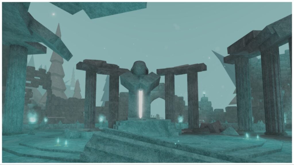 the image shows the quincy statue which is shroud in a blue overcast. The stone structure is holding a glowing sword downwards into the earth below. Behind it is various columns of stone pillars and trees