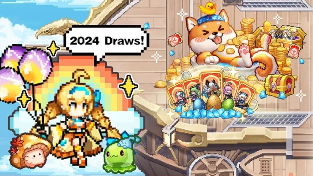 Feature image for our Zero To Hero Pixel Saga guide. It shows a pixel character holding balloons next to a shiba inu dog rolling in treasure.