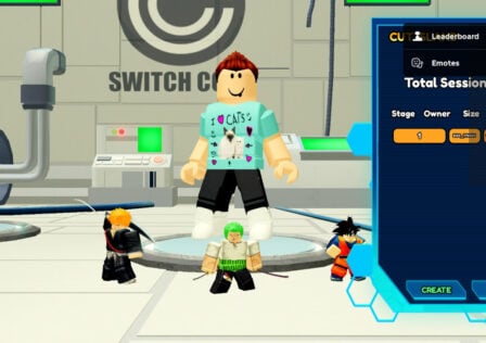 Feature image for our Anime Switch units tier list. Image shows a Roblox character with three anime Roblox characters stood infront.
