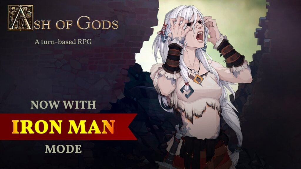 The feature image for the news on Ash of Gods Redemption has a silver haired woman screaming in agony witht the title of the game and the words "now with iron man mode" written on the left.