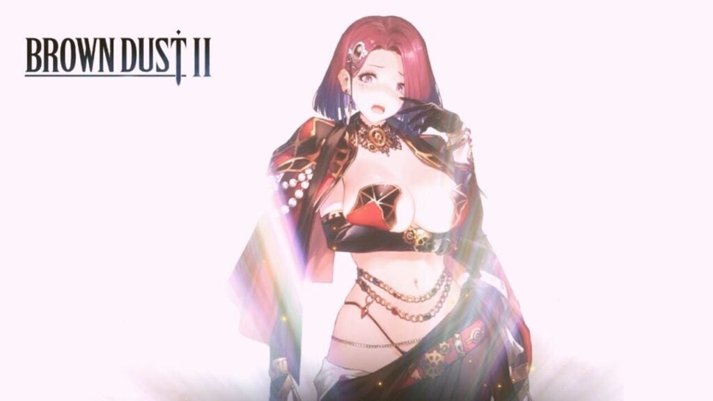 featured image for our news on Brown Dust 2 global age rating. It features a female character from the game in a revealing outfit. She's wearing small pasties and a beaded thong that is covered by a cape on one side.