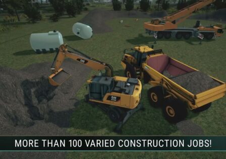 The feature image for news on Construction Simulator 4 has construction machines working on a terrain with the text "more than 100 varies construction jobs"