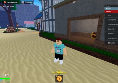 Image for Demon Piece how to upgrade weapons post. Image shows a Roblox character standing in a town with buildings and trees in the background.