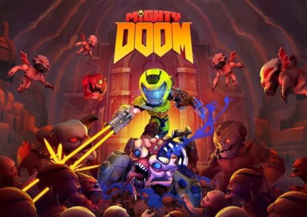 featured image for our news on Mighty Doom. It features a Mini Slayer who looks like a robot. His outfit is quite vibrant and he's holding a weapon that's ejecting light beams on to his enemies.