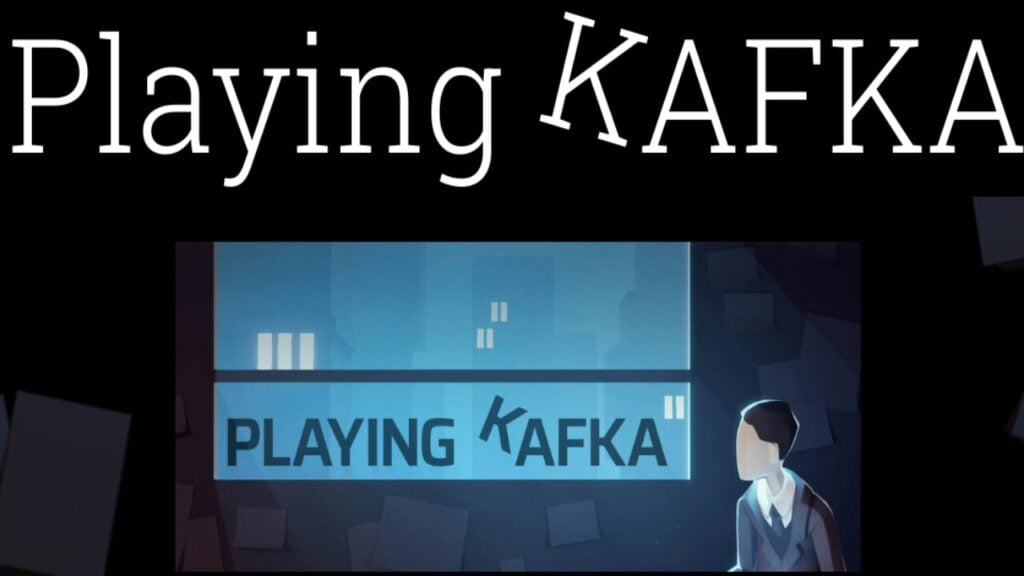 The feature image for news on Playing Kafka is the title of the game at the top and Kafka staing out a window in distress in a small cabin.