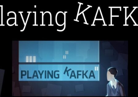 The feature image for news on Playing Kafka is the title of the game at the top and Kafka staing out a window in distress in a small cabin.