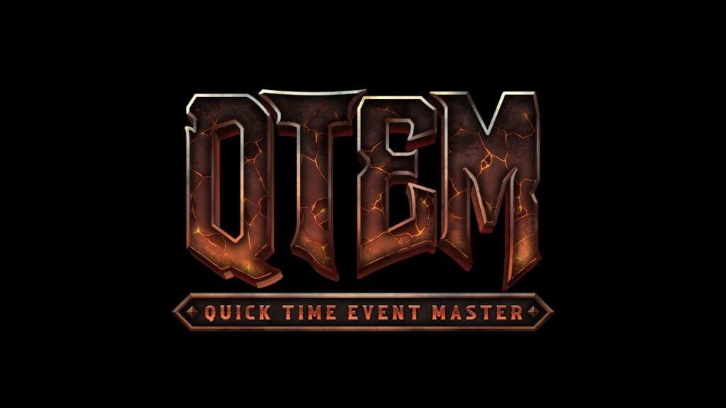 featured image for our news on Quick-Time Event Master. It has a black background. The game's name is simply featured on it in a rusty brown-orange colour.