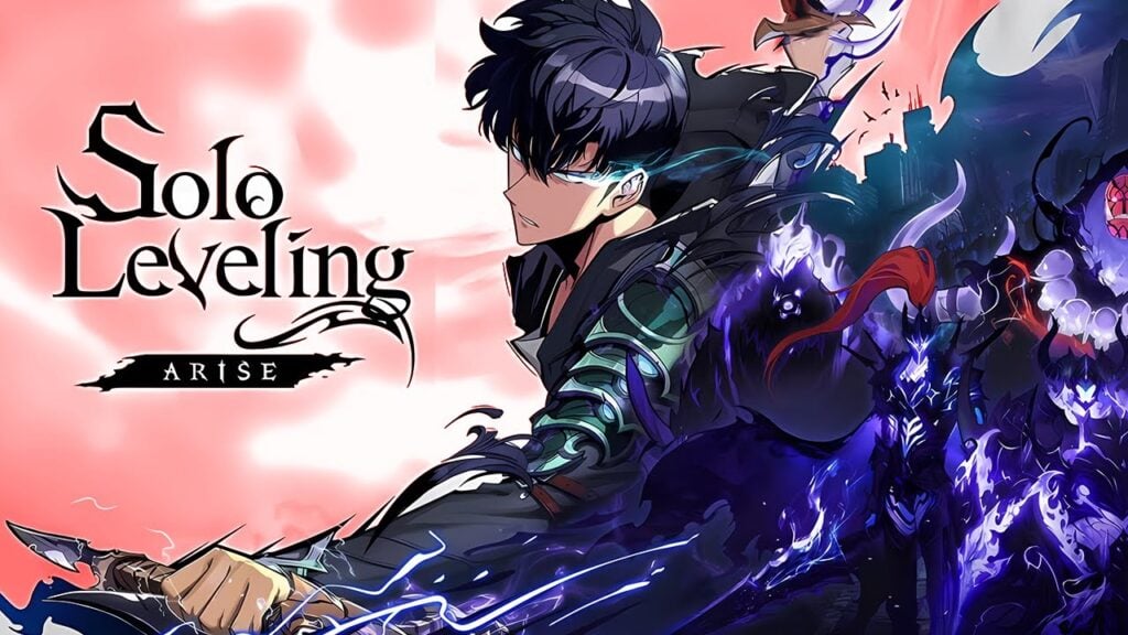 The faeture image for news on Solo Leveling: Arise Global launch has the main character with a weapon in his hand and his eyes are beeming with passion. There is also a mystic purple armor on the far right and the title of the game on the left against a peach backdrop.