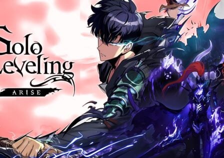 The faeture image for news on Solo Leveling: Arise Global launch has the main character with a weapon in his hand and his eyes are beeming with passion. There is also a mystic purple armor on the far right and the title of the game on the left against a peach backdrop.
