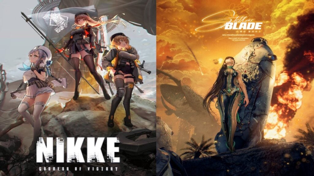 The feature image for news on the Stellar Blade Goddess Of Victory Nikke collab has 3 characters from nikke holding weapons on the left with the title of the game and a girl looking up at the firey sky with an explosion in the bacdrop with the words "stellar blade" on the right.