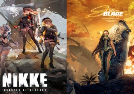 The feature image for news on the Stellar Blade Goddess Of Victory Nikke collab has 3 characters from nikke holding weapons on the left with the title of the game and a girl looking up at the firey sky with an explosion in the bacdrop with the words "stellar blade" on the right.
