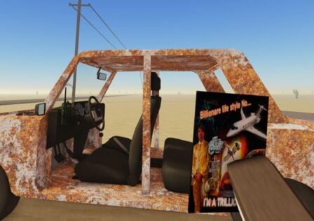 Feature image for our A Dusty Trip codes guide. It shows a player holding a 'Billionaire' magazine in their hand while looking at their rusty car with no doors.