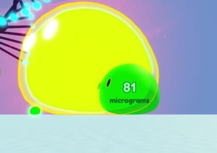 Feature image for our Get Big Simulator codes guide. It shows a small green slime next to a big yellow slime.