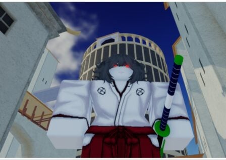 Feature image for our How to get Shikai EXP Type Soul Guide which shows a soul reaper trainee with dimly glowing red eyes beneath grey bangs stood before a tall tower during daytime.
