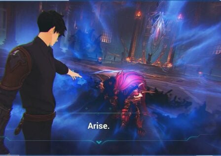 Feature image for our Solo Leveling: ARISE codes guide. It shows a character with black hair pointing at an armored figure on the floor, radiation energy.
