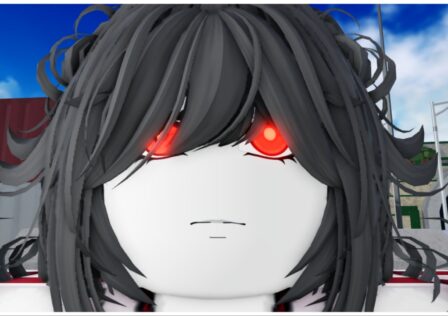 Feature image for our Type Soul Almighty Eye Guide which shows an up close of a soul reaper character with hot red glowing eyes and a neutral expression. Her eyes are obscured by her dark grey bangs slightly as she has the picture taken