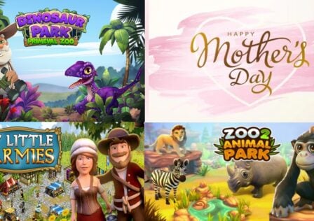 featured image for our news on upjers Mother's Day 2024 celebrations. it features the screenshots of three games by upjers My little farmies, Zoo 2: Animal Park and Dinosaur Park - Primeval Zoo. It also features a pink and white poster that says Mother's Day in golden.