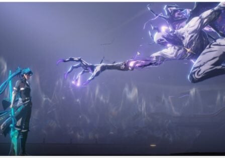 Feature image for our Wuthering Waves Best Echo Guide which shows a slender and large enemy reaching towards a heroin. The boss has a purple aura surrounding his hand and head as his large clawed hand reaches towards the calmly standing hero who is wearing long robes of blue and has matching blue hair