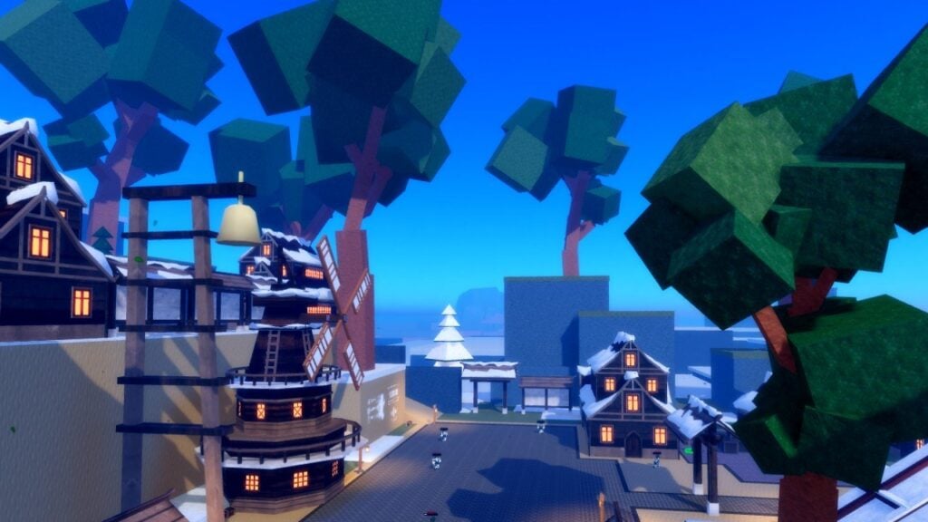 Feature image for our Demon Blade titles guide. It shows an in-game view of the Snow Village.