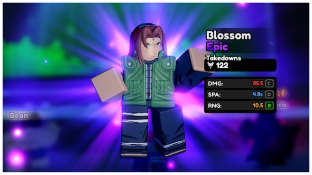 Feature image for our anime vanguards blossom guide showing a blurred background from spawn with the epic rarity unit blossom in the centre in an action pose. She has a purple aura behind her and a small stats box to the right