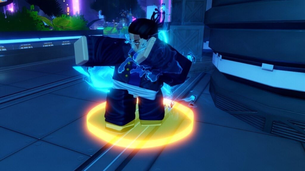Feature image for our Anime Vanguards Tournaments guide. It shows the Tournaments NPC, Todu, in the lobby.