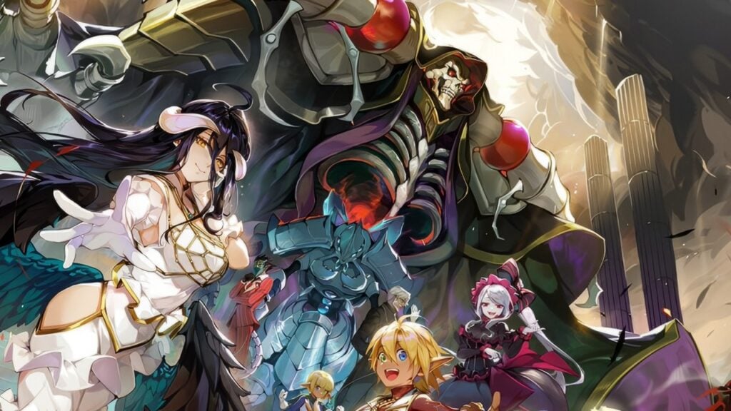 Feature image for our Lord Of Nazarick codes guide. It shows some promo art of several characters, including a large figure with a skull face.