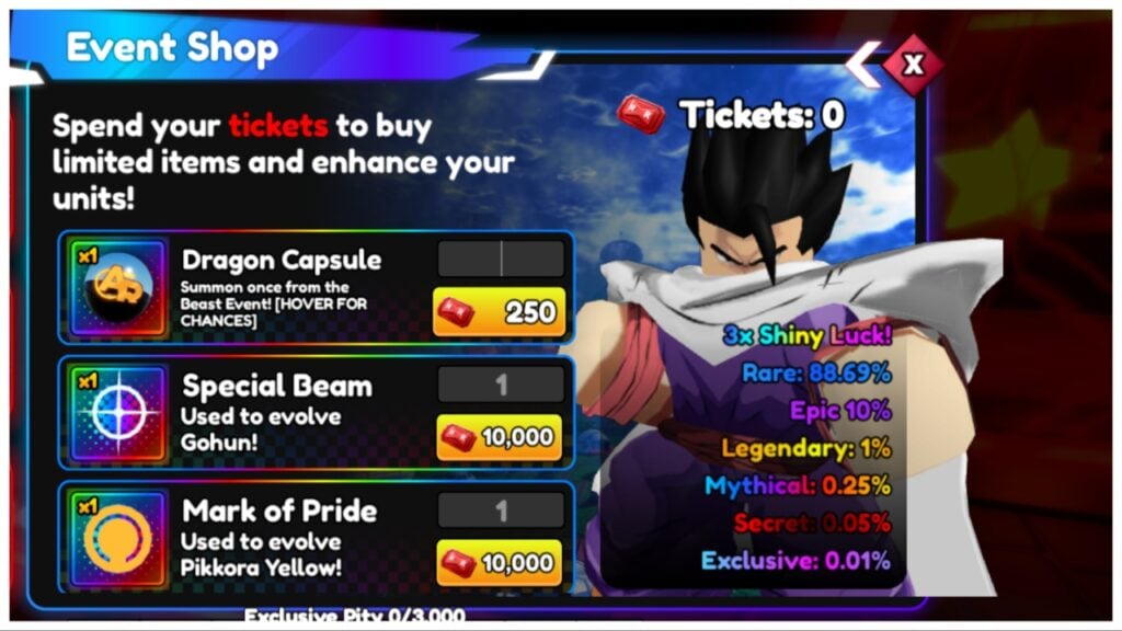 Feature image for our anime reborn delta brothers guide showing the event shop page with gohan on the right side with various rarity names and percentages covering the lower half of his body. On the left is all the different shop wares and their ticket value