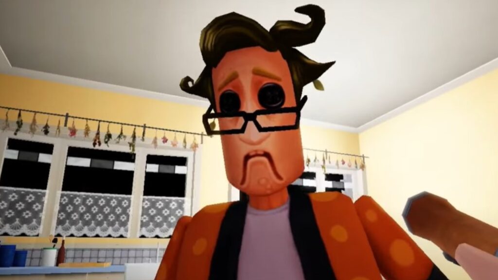 Feature image for our How To Escape In Coraline Escape The Others guide. Image shows an animated man with button eyes jump scaring the player.