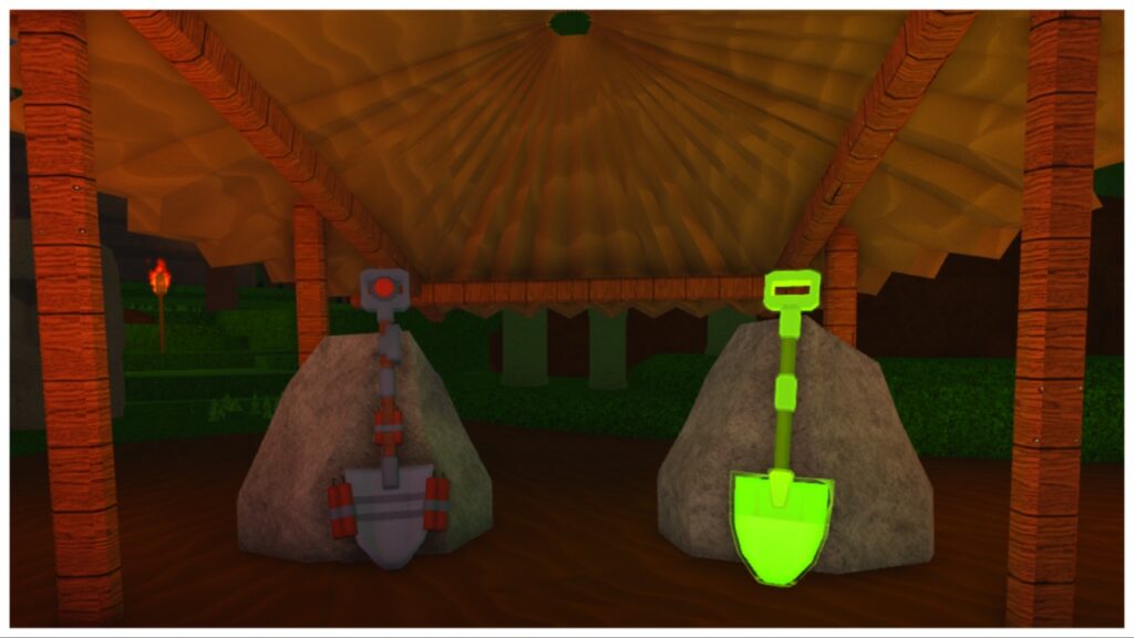 Feature image for our dig it new shovels guide showing the dynamite and venom shovel resting against stones under a tiki hut