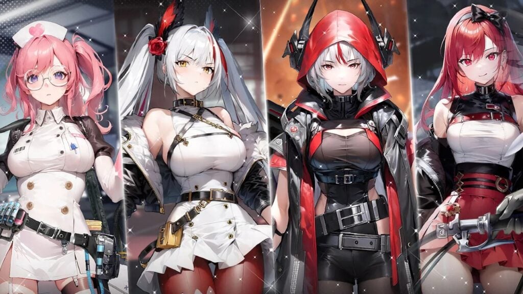 Feature image for our Scarlet Girls tier list, showing art of four different female characters in different red and white costumes.