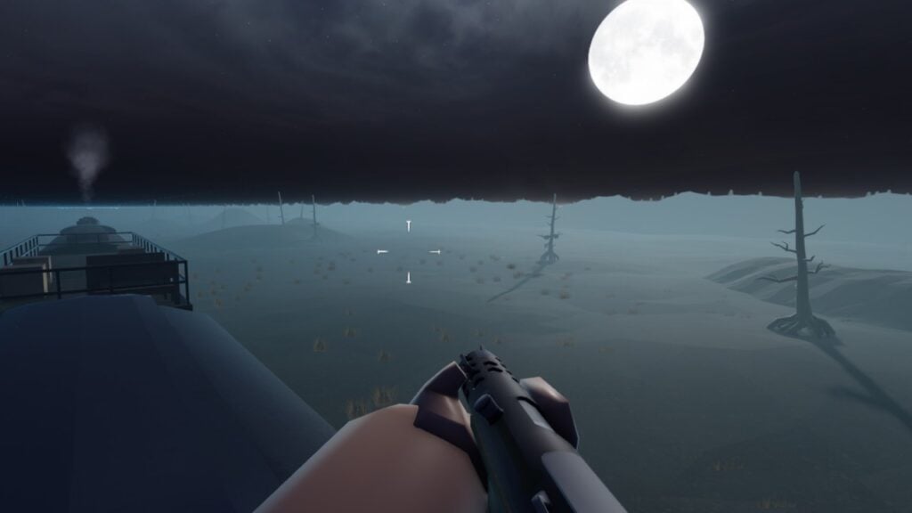 Feature image for our Edward The Man Eating Train weapon tier list. It shows the view from a player's point of view, standing on the roof of a moving train at night, with a full moon in the sky, looking over an arid landscape.