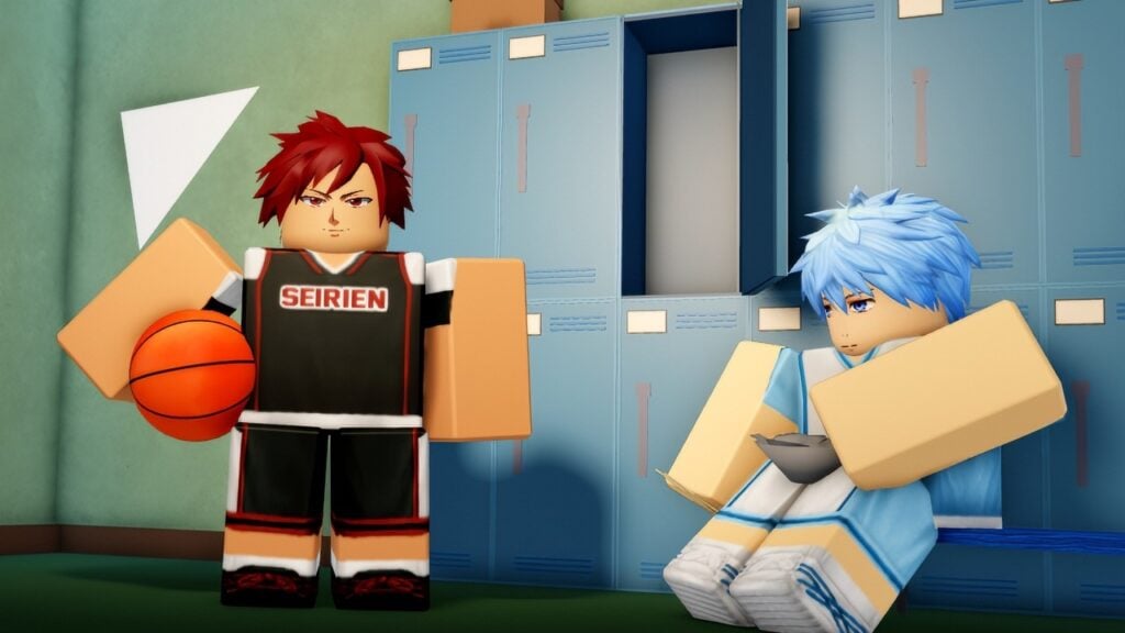 Feature image for our Kuroku's Basket Showdown codes. It shows two players in-game stood in a locker room.