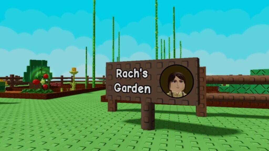 Feature image for our Grow A Garden Secret Seeds guide. Image shows a garden with a sign out the front.