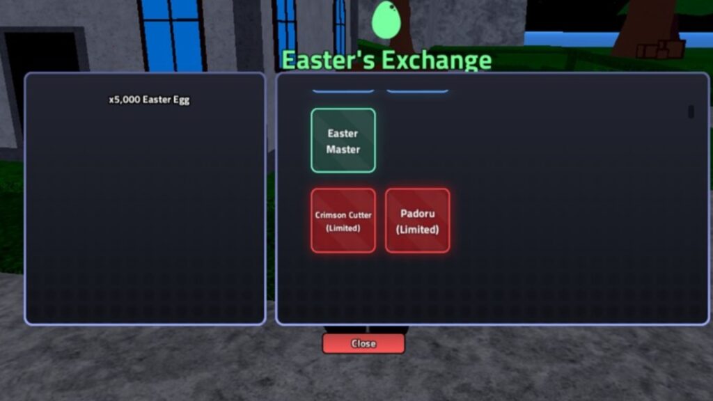 Feature image for our Verse Piece Crimson Cutter guide. Image shows a screen with all the items for sale at the Easter Exchange.