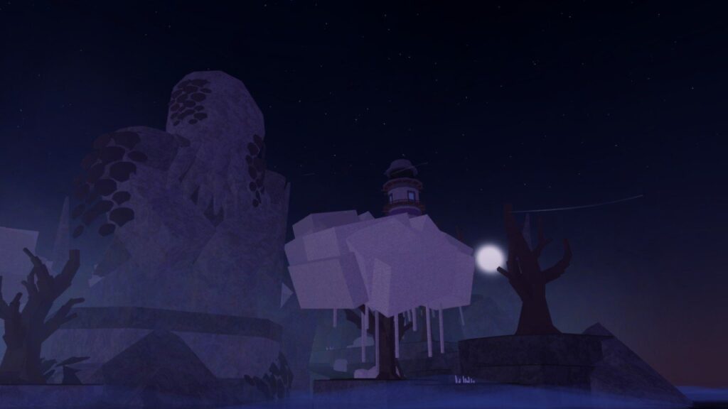 Feature image for our Fisch new enchants guide. It shows the island of Cursed Shores, with a statue of the Great Dreamer on the top, under a full moon.