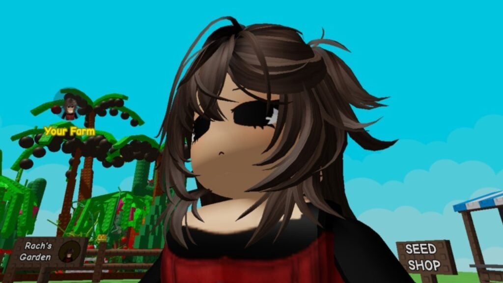 Feature image for our Can Raccoons Steal Favorited Fruits in Grow a Garden guide. Image shows a close up of a character with a garden in the background.