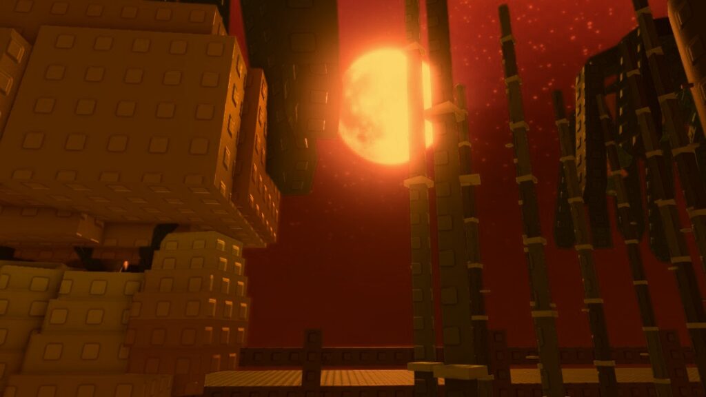 Feature image for our Grow A Garden Blood Moon guide. It shows a moon in a red sky over an in-game garden.