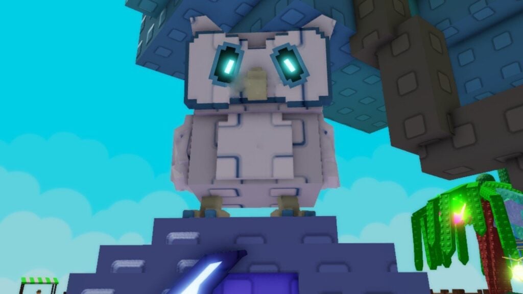 Feature image for our Grow A Garden Night Owl guide. It shows a small own perched on a stone in the event area in-game.
