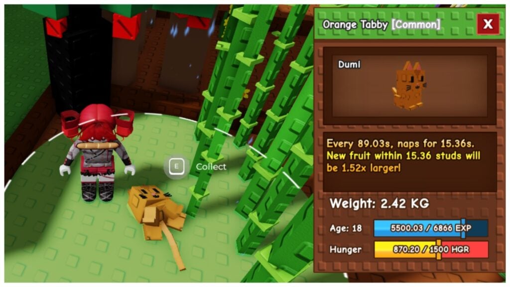 Feature image for our grow a garden pet names guide showing the pet menu on the right with a cat named dumi