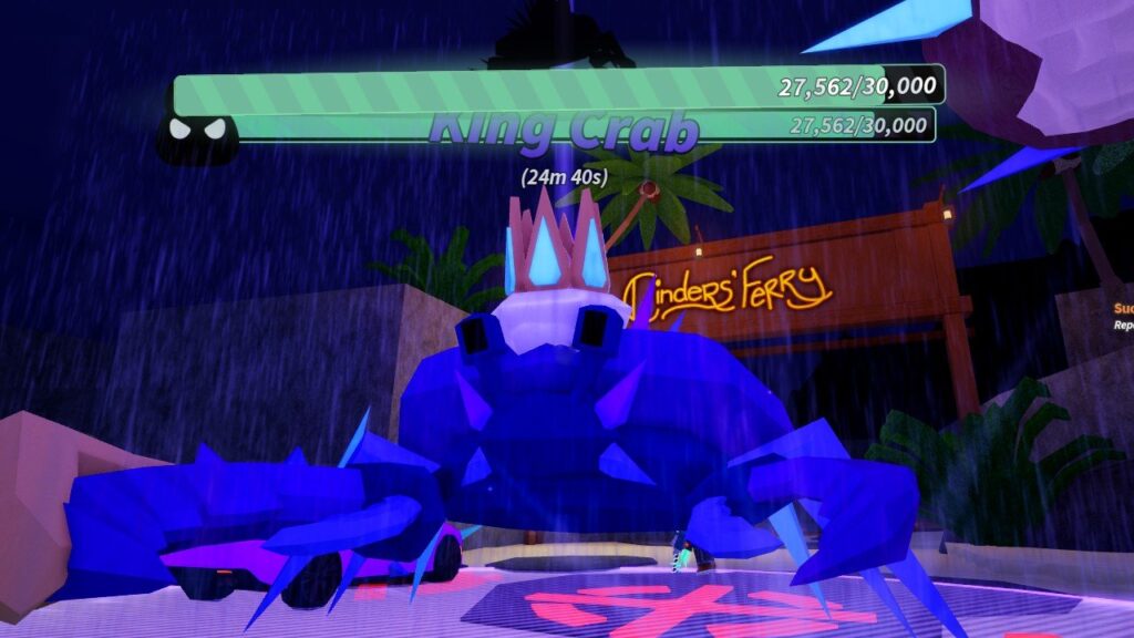 Feature image for our Dig King Crab boss guide. It shows the King Crab boss in-game. It;s a huge blue crab with a crown on.