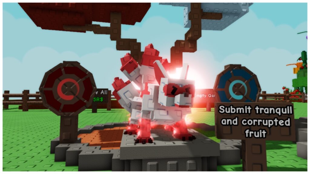 Feature image for our grow a garden kitsune chest guide showing the kitsune on a platform next to a corrupt and zen circle