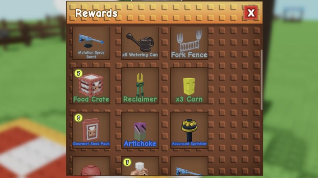 Feature image for our Grow a Garden Cooking Rewards guide. Image shows a list of rewards available.
