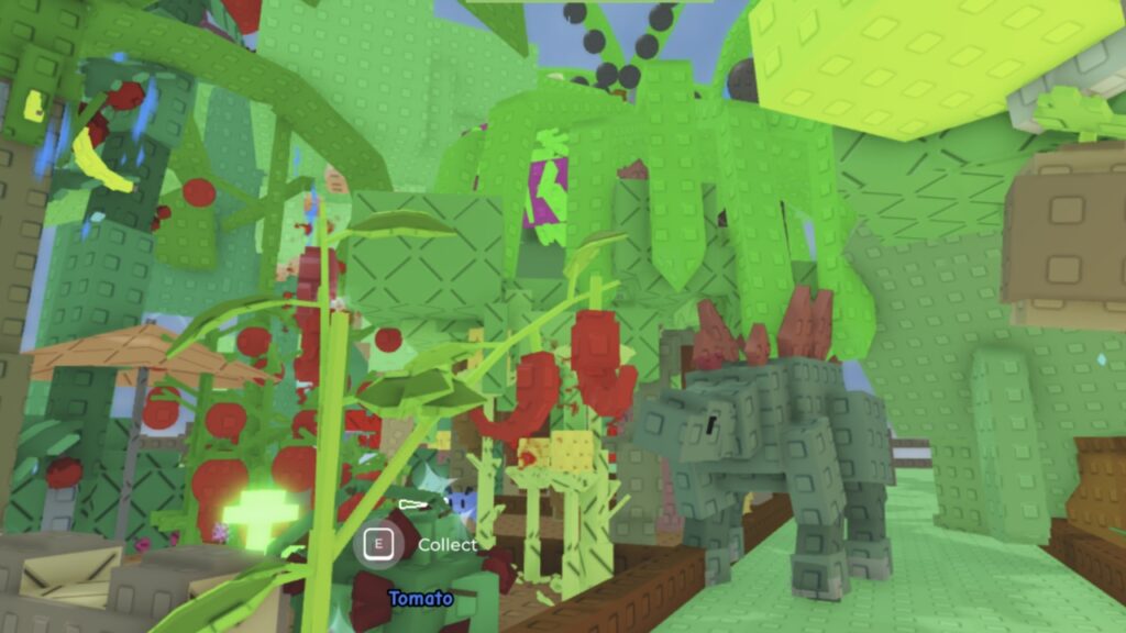 Feature image for our Grow a Garden Pet Achievements guide. Image shows a garden filled with plants and trees with a dinosaur walking through it.