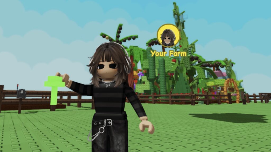 Feature image for our What Are The Grow a Garden Fungus Plants guide. Image shows a character holding a small glowing mushroom with a garden in the background.