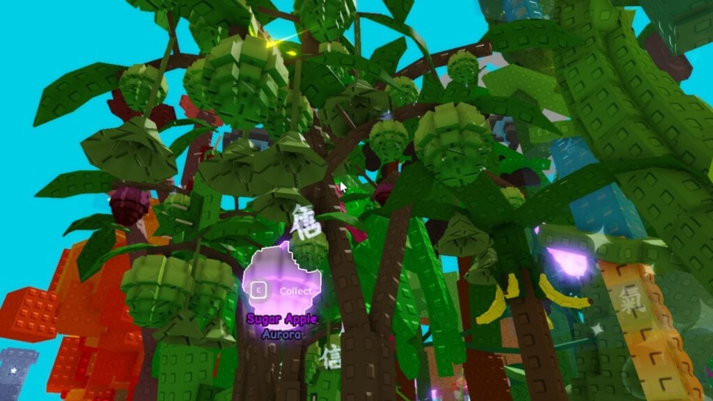 Feature image for our Grow A Garden fruit plants guide. It shows a Sugar Apple and Bananas in game.