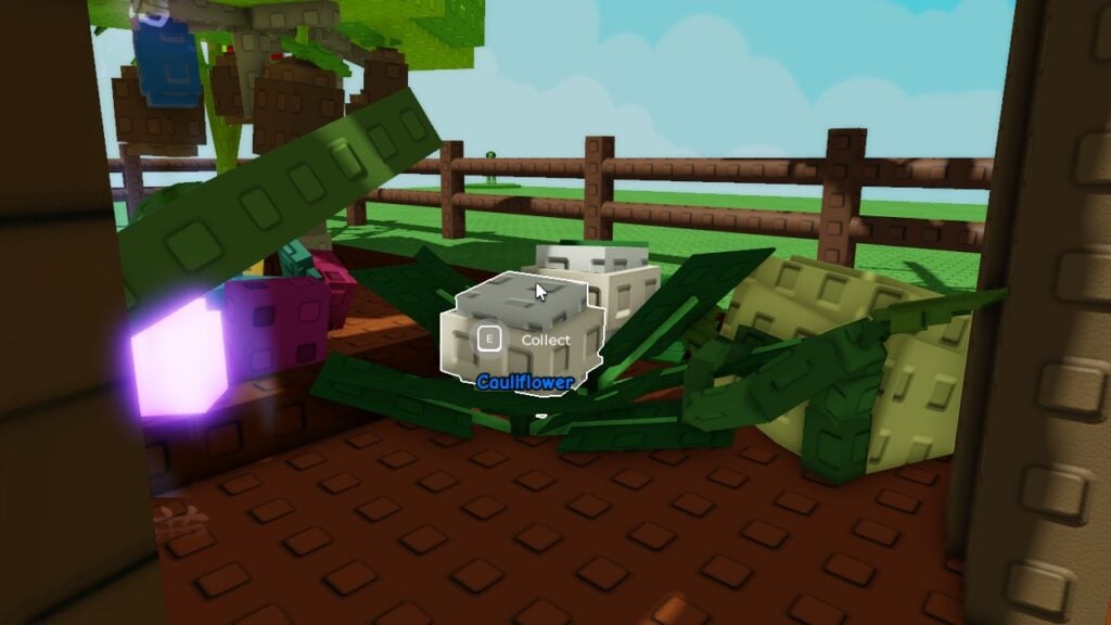 Feature image for our Grow A Garden vegetable plants guide. It shows a cauliflower in a garden in-game.