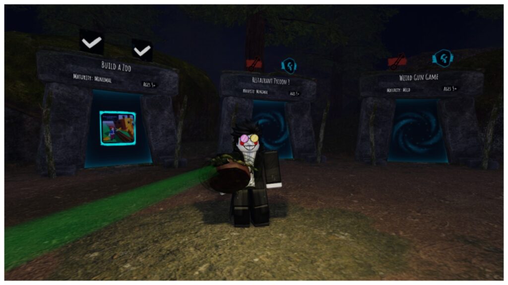 Feature image for our easiest halloween spotlight runes to get guide showing a player dressed as spamton standing before the entrance to three games with their compass waypoint taking a green line off-screen