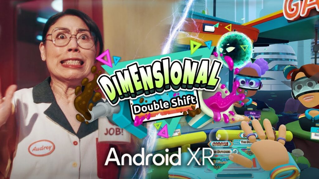 featured image for our news on Dimensional Double Shift. It shows a woman giving a weird expression. On the right, there are some neon abstract shapes with the title's logo.