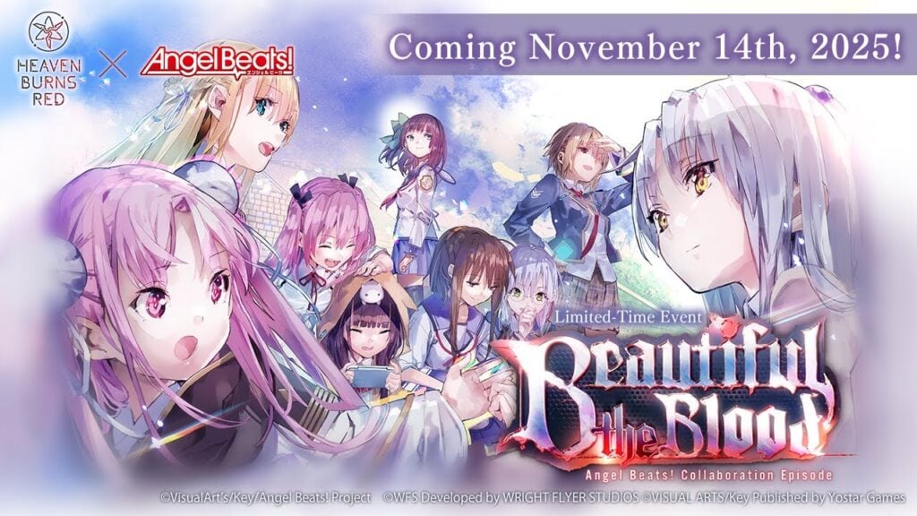 featured image for our news on Heaven Burns Red first anniversary. It shows Angel Beats members as well as Heaven Burns Red game characters.