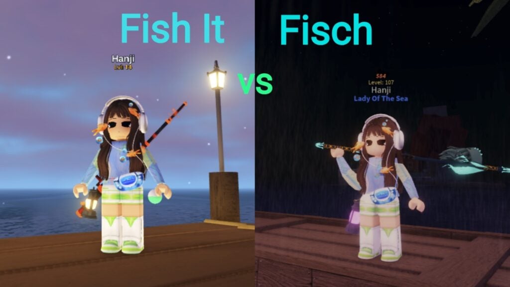 Feature image for our Is Fish It Better Than Fisch guide showing the same character holding a rod in two different games in a side-by-side collage.